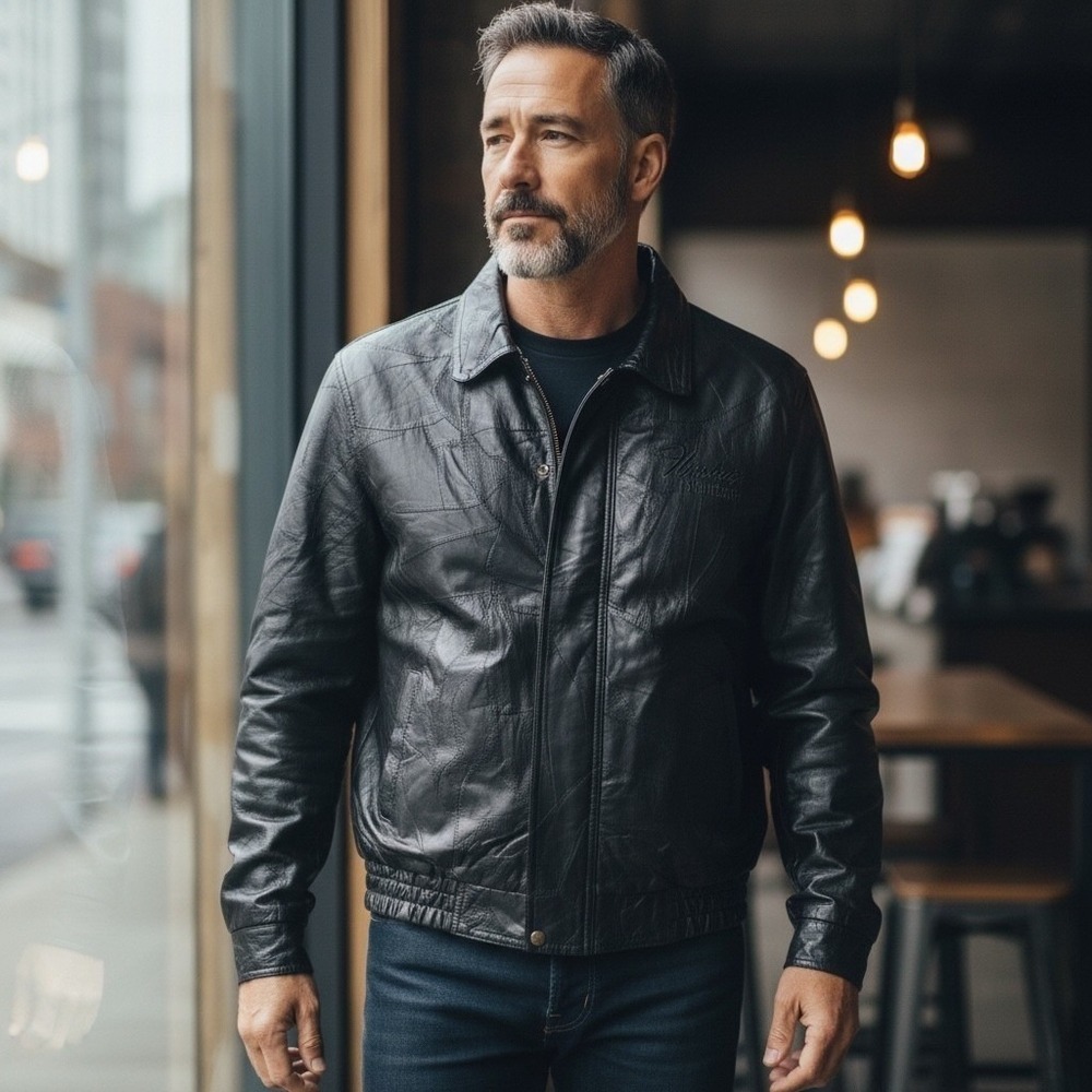 Roberto Amee Flamingo Las Vegas Patchwork Black Leather Bomber Jacket Mens L